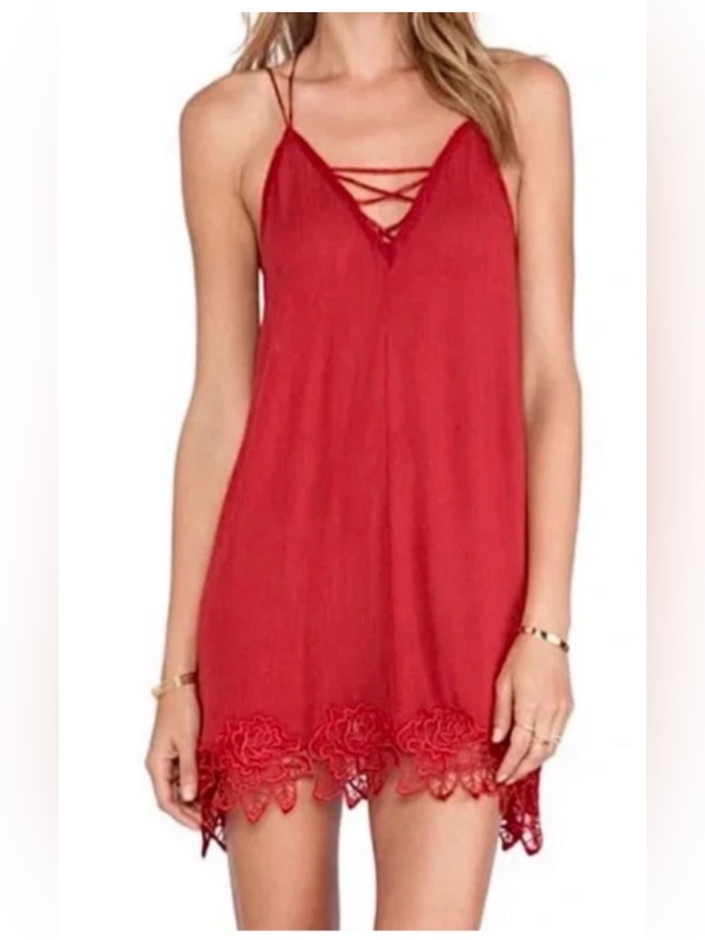 Free People Red Lace-Hem Crisscross Slip